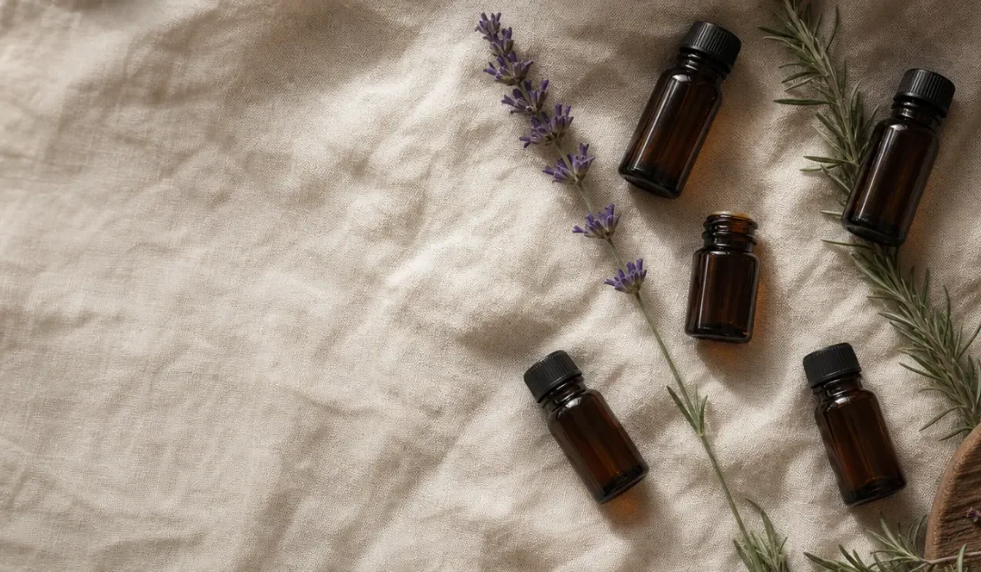 Verschiedene ätherische Öle in dunklen Fläschchen auf Leinen mit Lavendel und Rosmarin